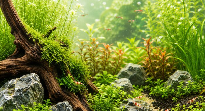 Bepflanztes Süßwasser-Aquarium (Aquascape) mit Neonsalmlern, roten Garnelen, Wurzel und Moos - Aquaristik bei terraristikshop.business